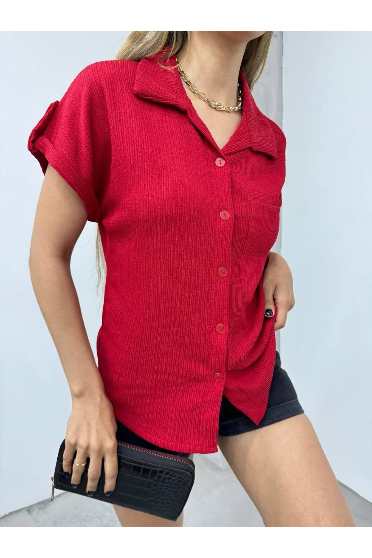 Duble Kol Tek Cepli Bürümcük Gömlek  -Bordo