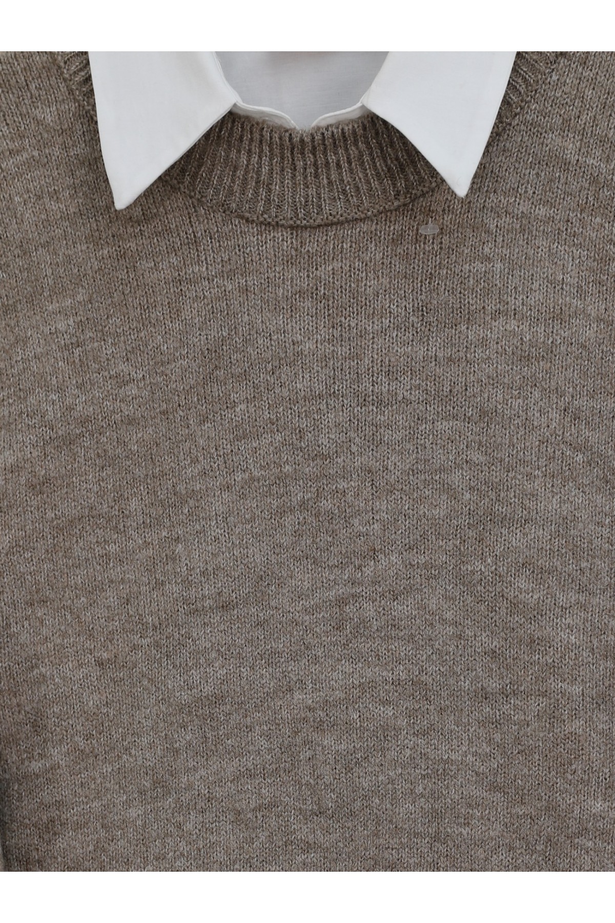 Yuvarlak Yaka Balon Kol Salaş Triko Kazak  -Kahve