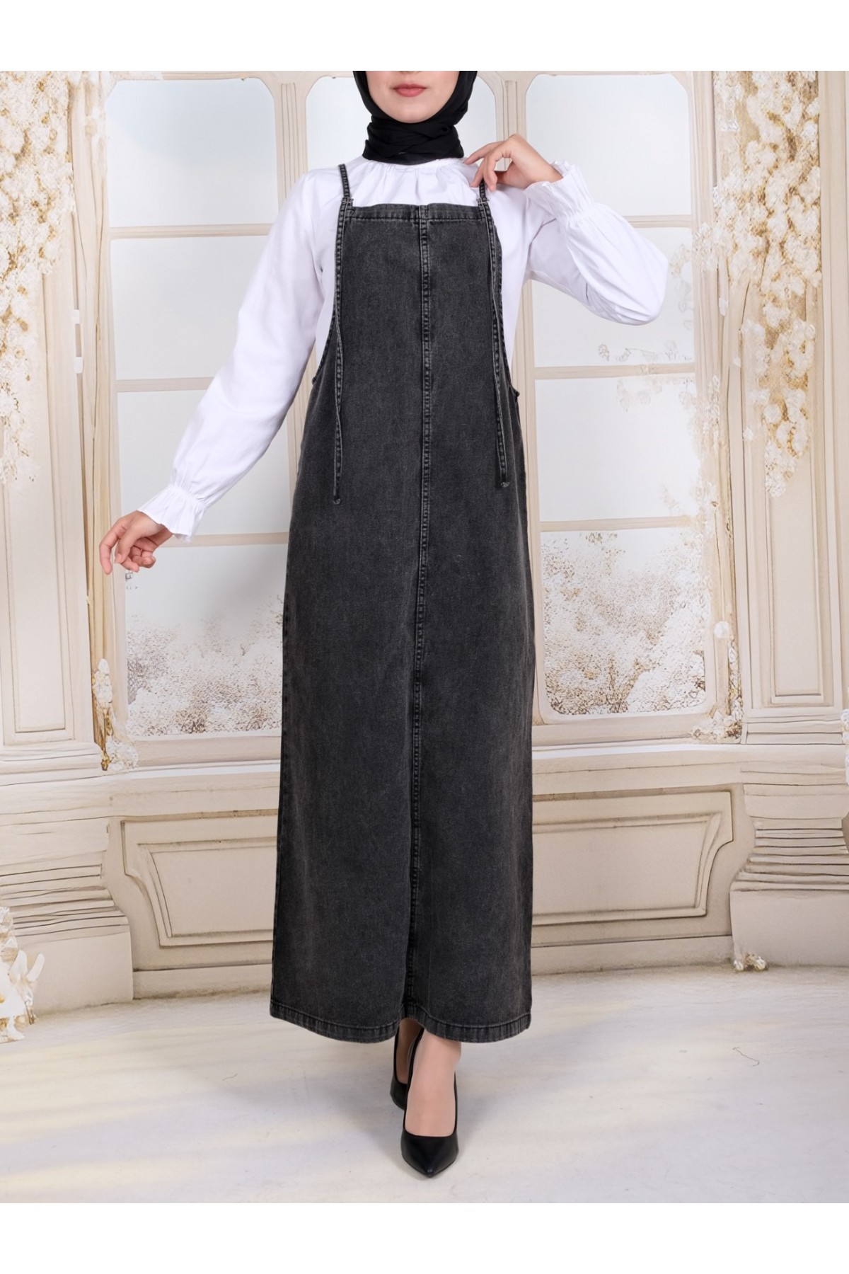 İnce Askılı Kot Jile  -Siyah