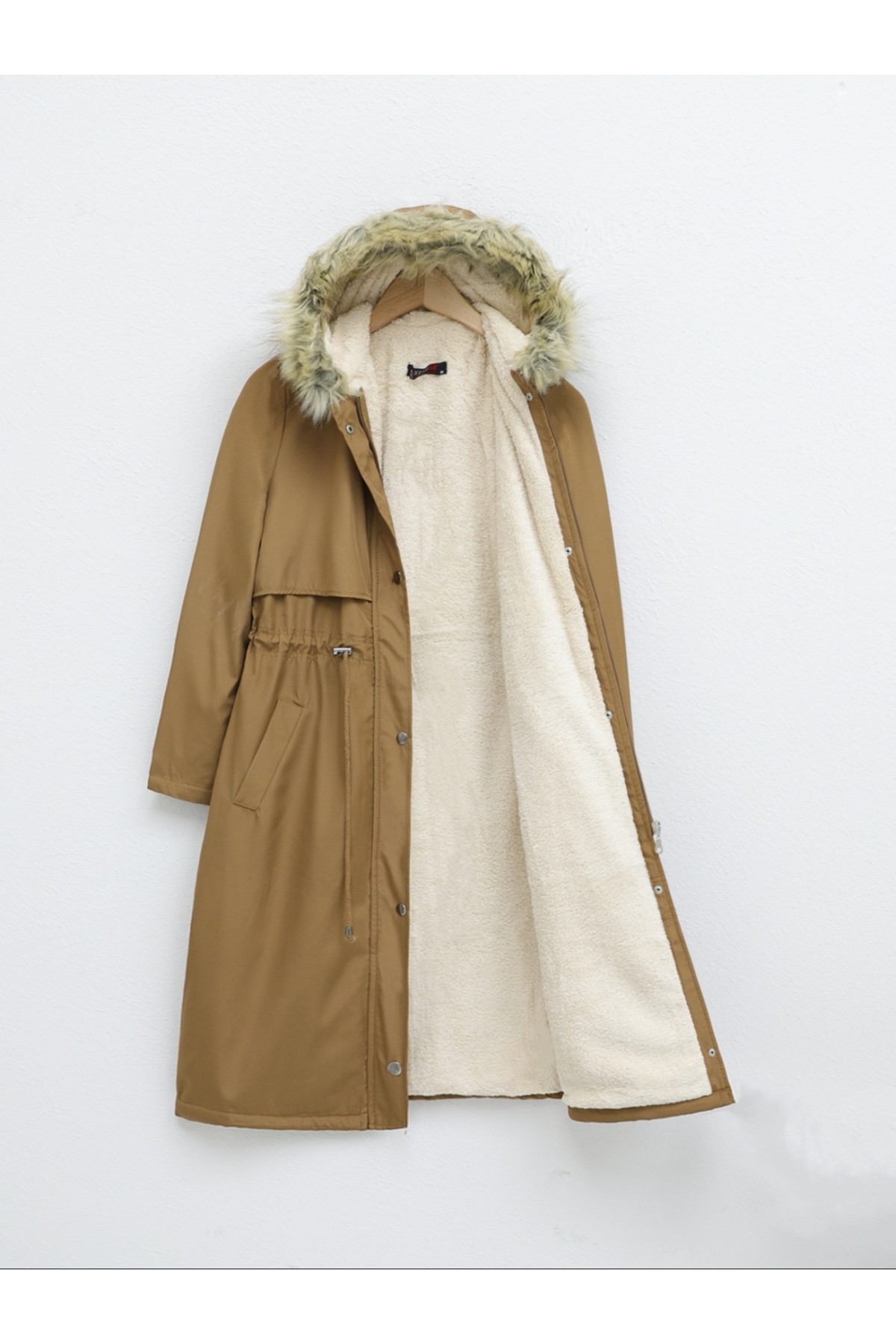 İçi Peluşlu Sabit Kapşonlu Tünel Bağcıklı Uzun Mont  -Taba