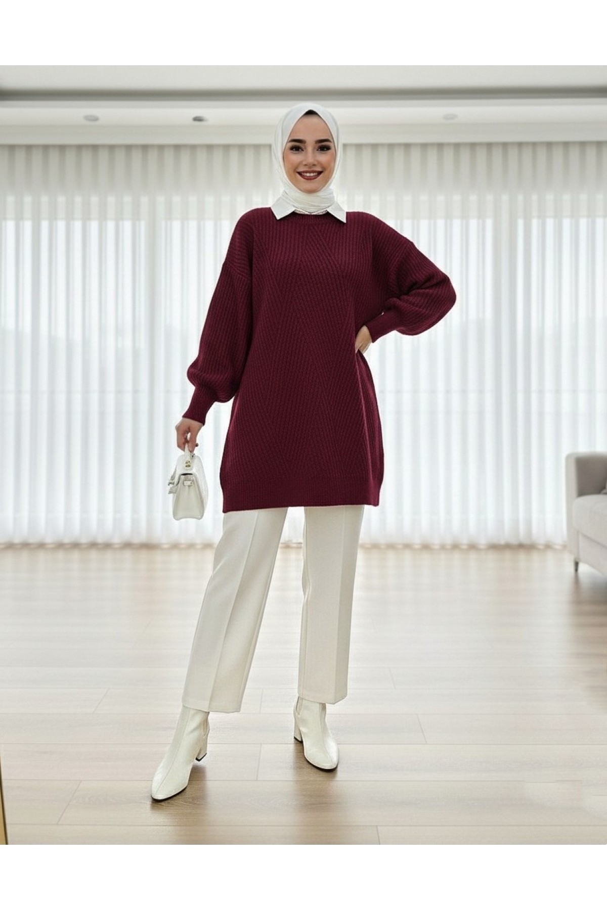 Bisiklet Yaka Baklava Desen Triko Kazak           -Bordo