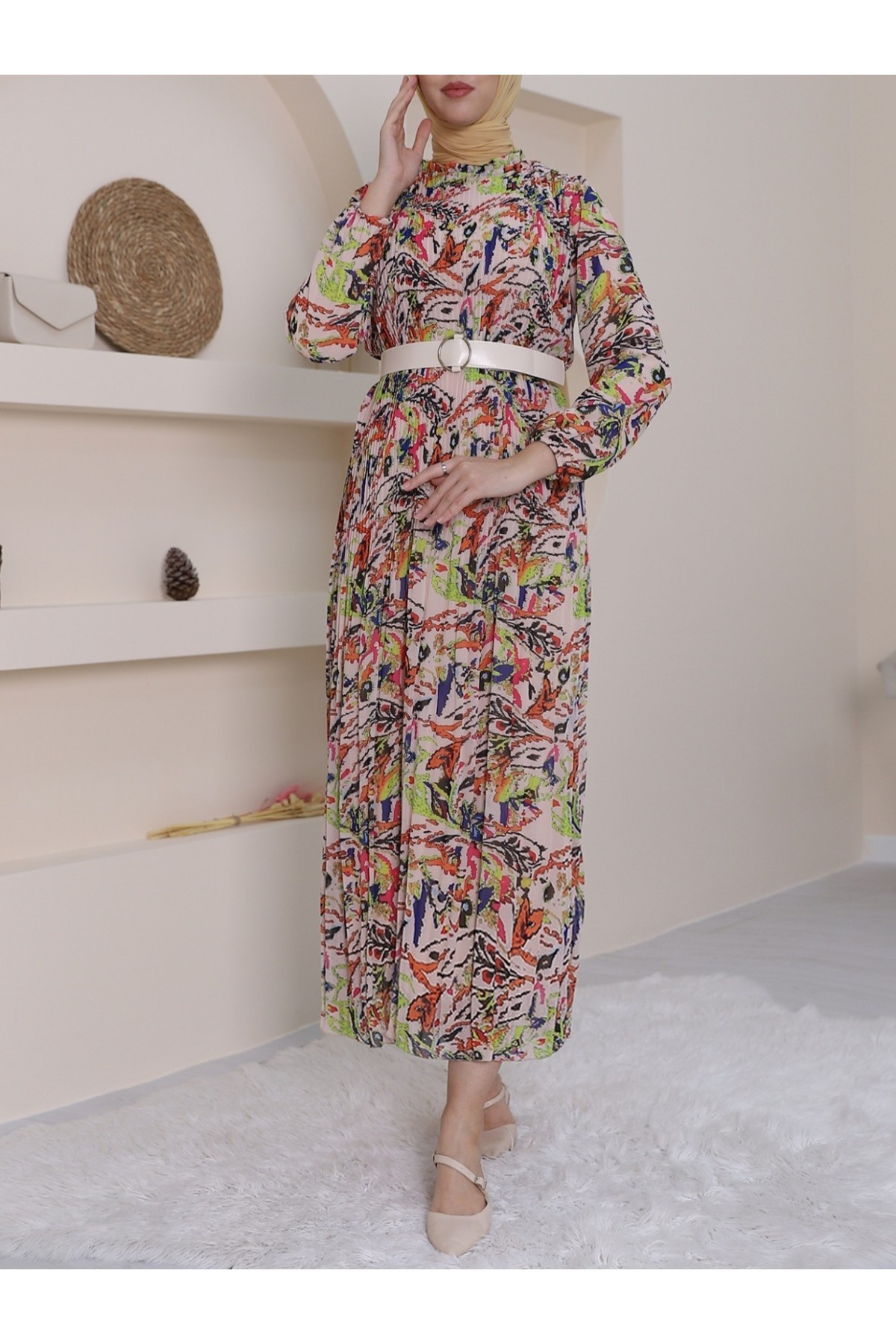 Önü Pileli Kemerli Şifon Elbise -Somon