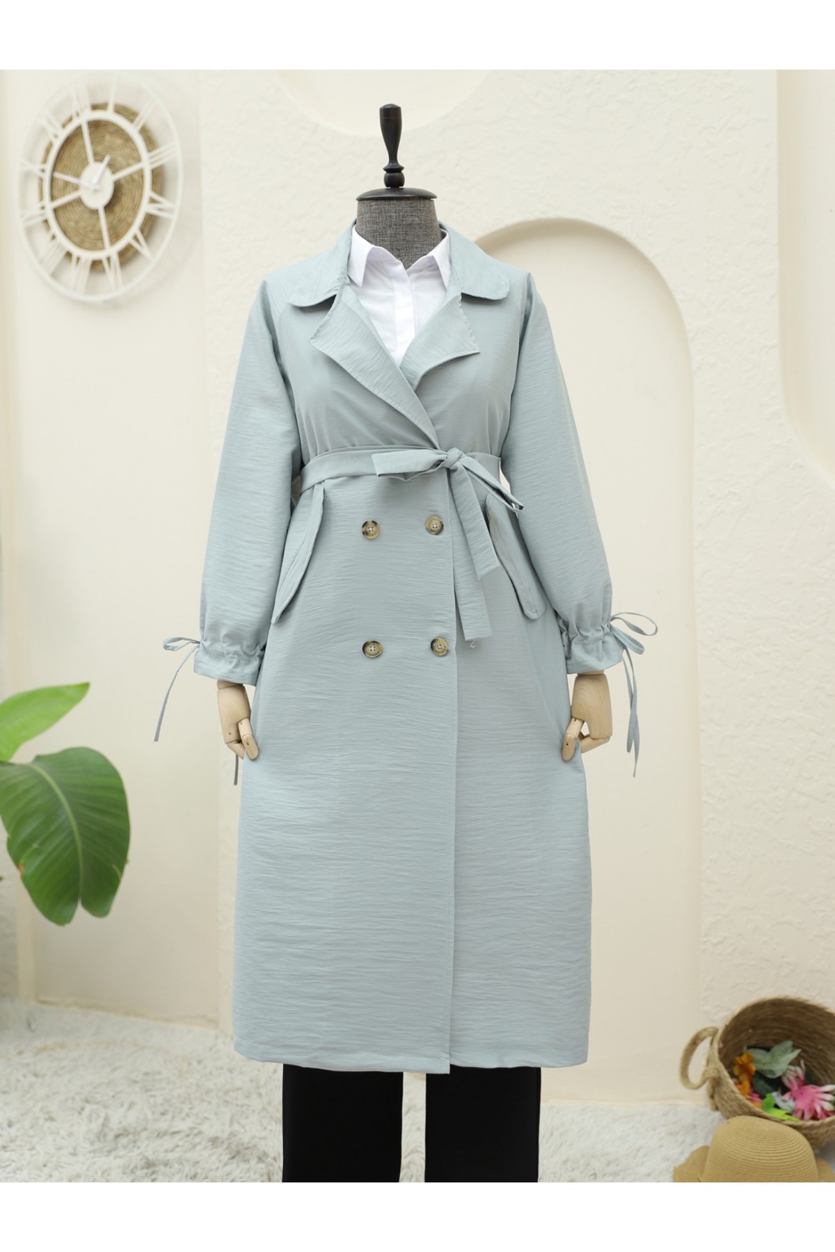 Kolu Manşeti Bağcıklı Kemerli Kap -Su Yeşili