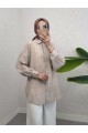 Yırtmaçlı Eteği Oval Kesim Gömlek -Açık Vizon