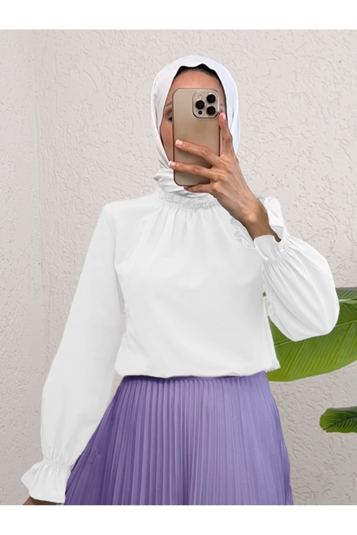 Yakası Büzgülü Bluz  -Beyaz