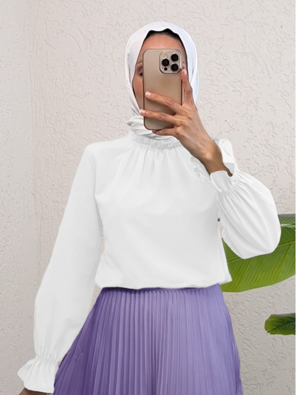 Yakası Büzgülü Bluz  -Beyaz