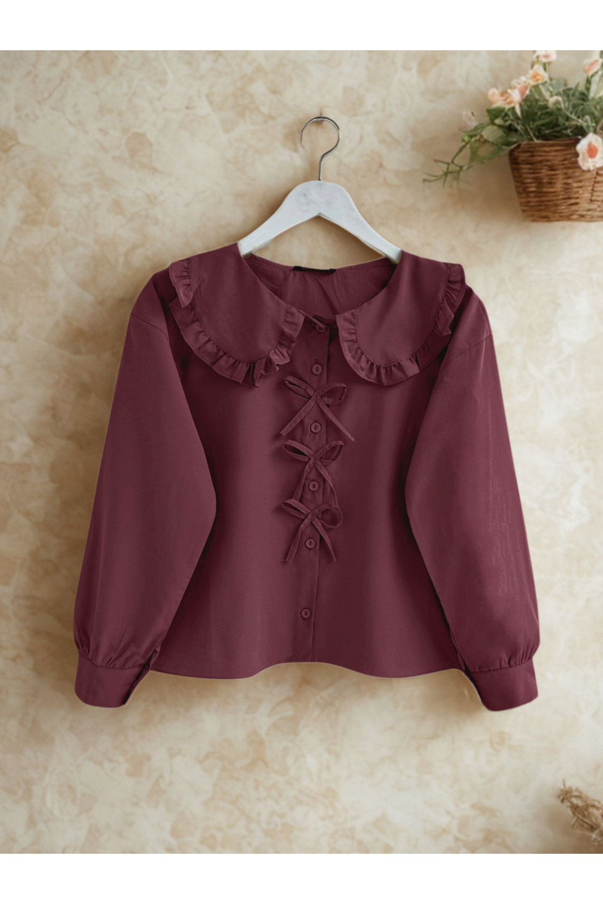 Bebe Yaka Kurdele Detaylı Gömlek  -Bordo