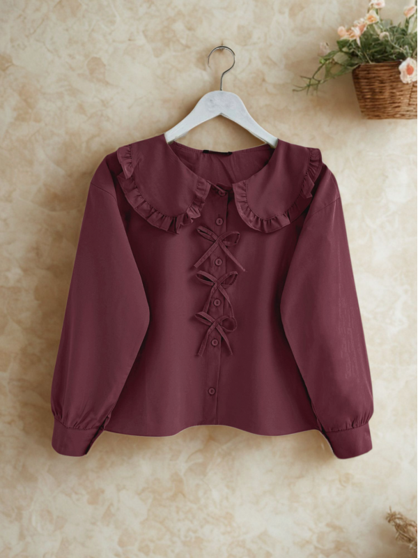 Bebe Yaka Kurdele Detaylı Gömlek  -Bordo
