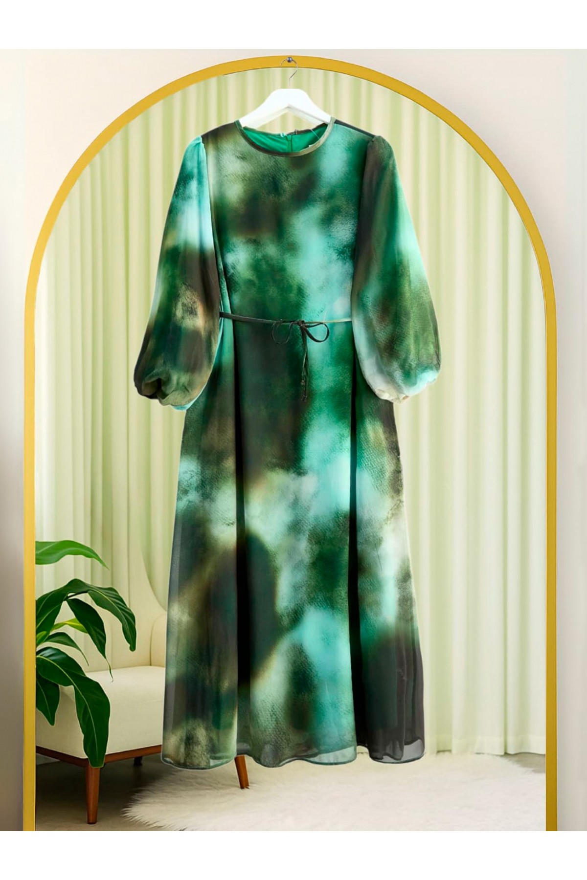 Batik Baskılı Astarlı Şifon Elbise  -Zümrüt