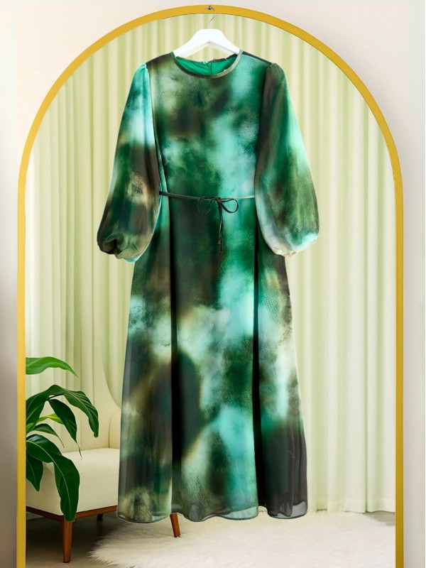 Batik Baskılı Astarlı Şifon Elbise  -Zümrüt