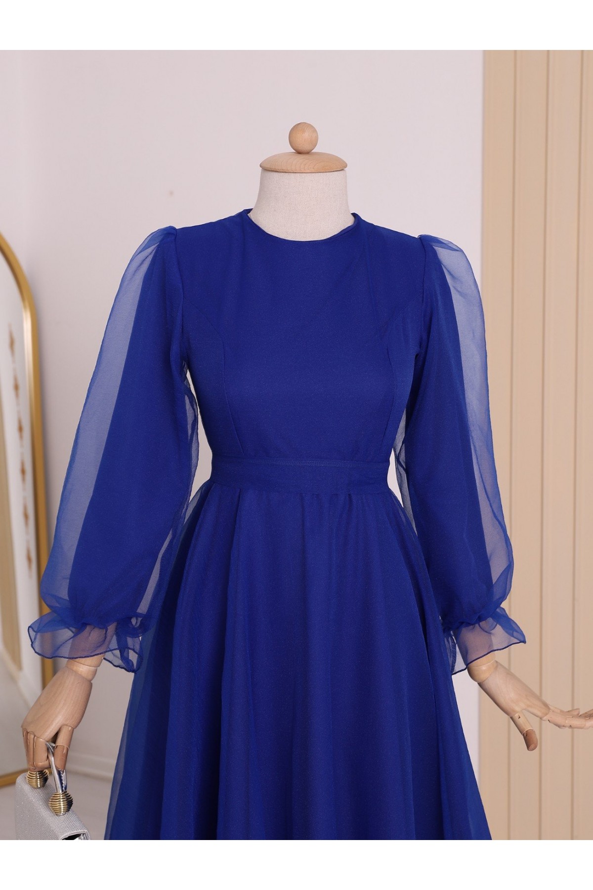 Kabarık Kol Ve Etekli Kuşaklı Tül Abiye -Saks