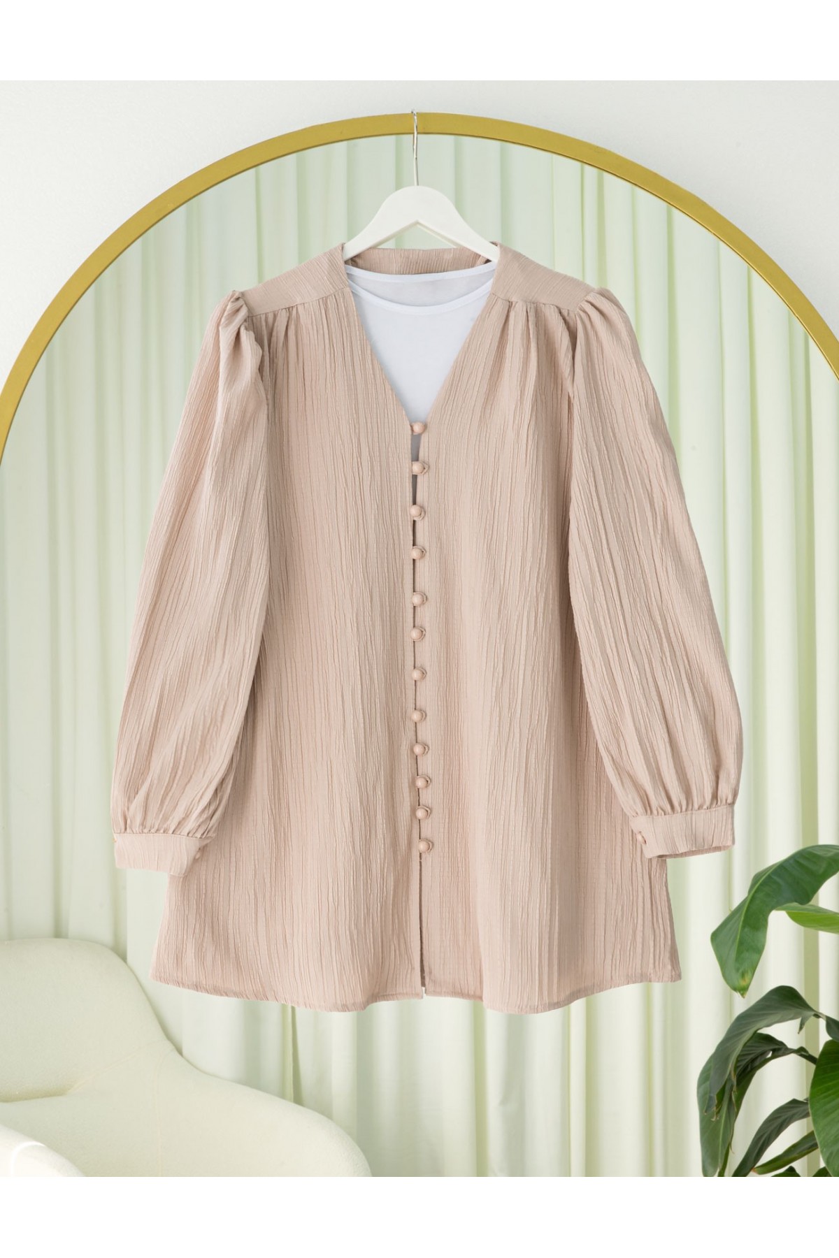 Top Düğmeli V Yaka Krinkıl Gömlek -Somon