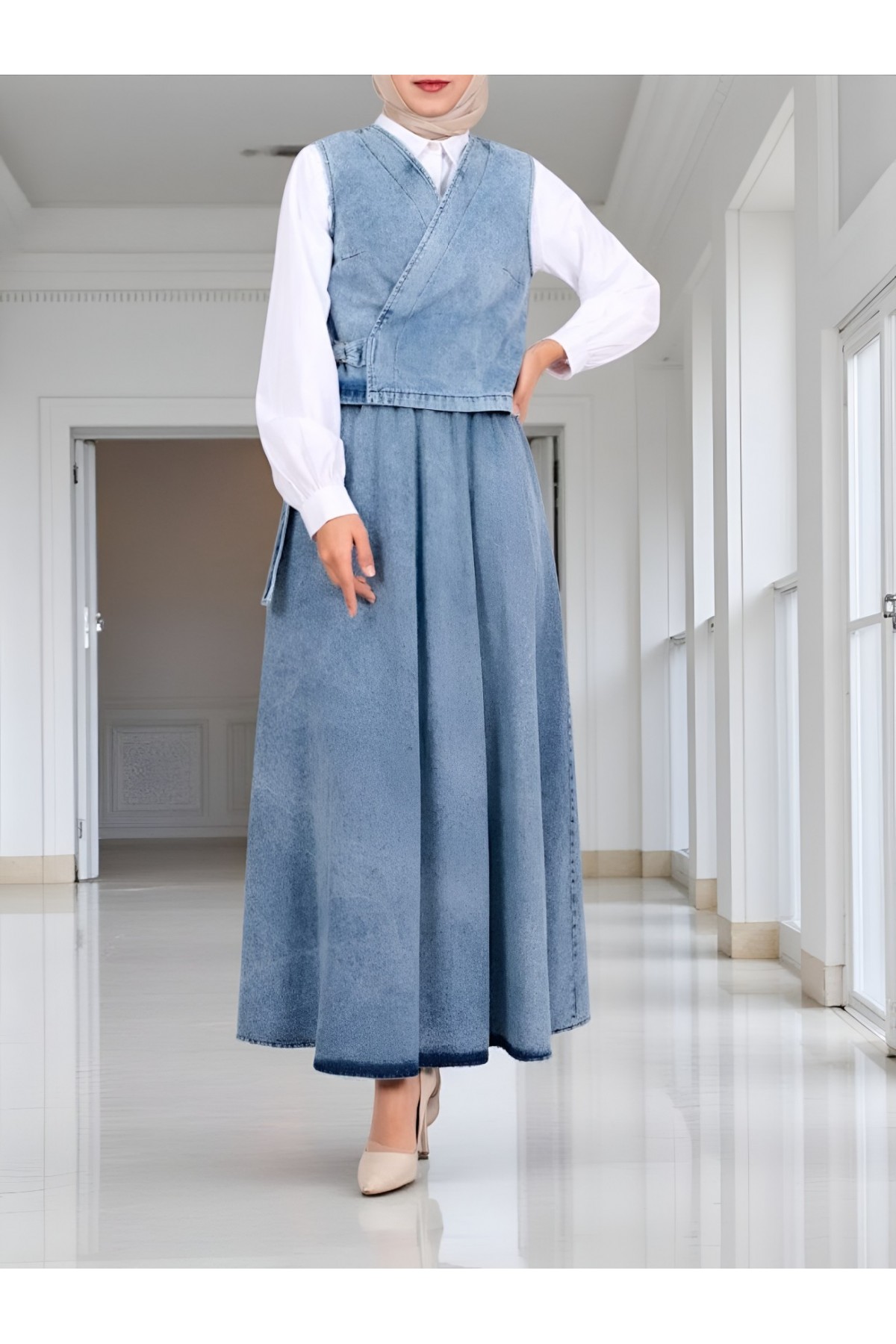 Yandan Bağlamalı Yelek Etek Kot Takım -Buz Mavi