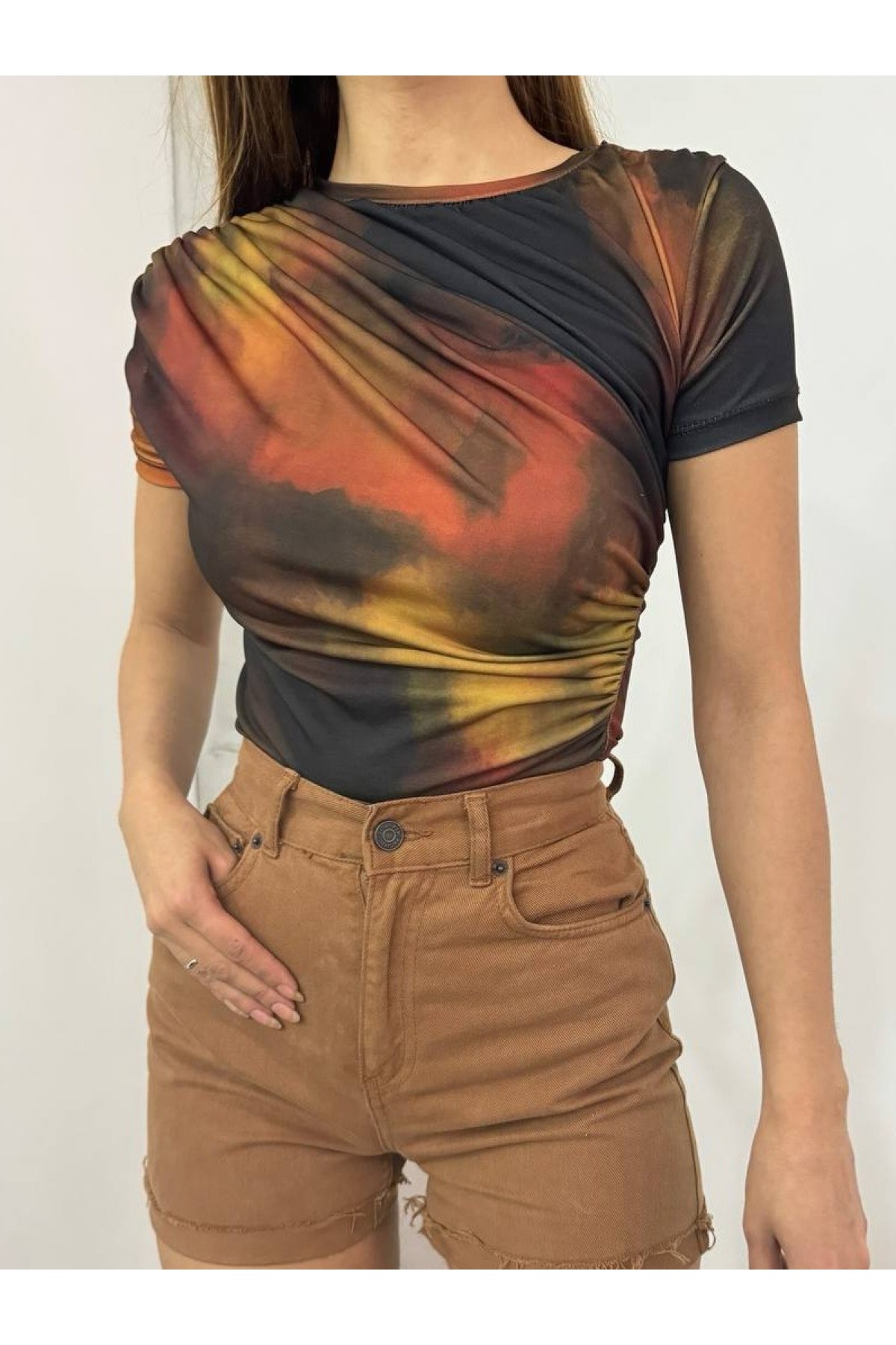 Bel Omuz Büzgülü Batik Baskı Sendy Bluz  -Kiremit