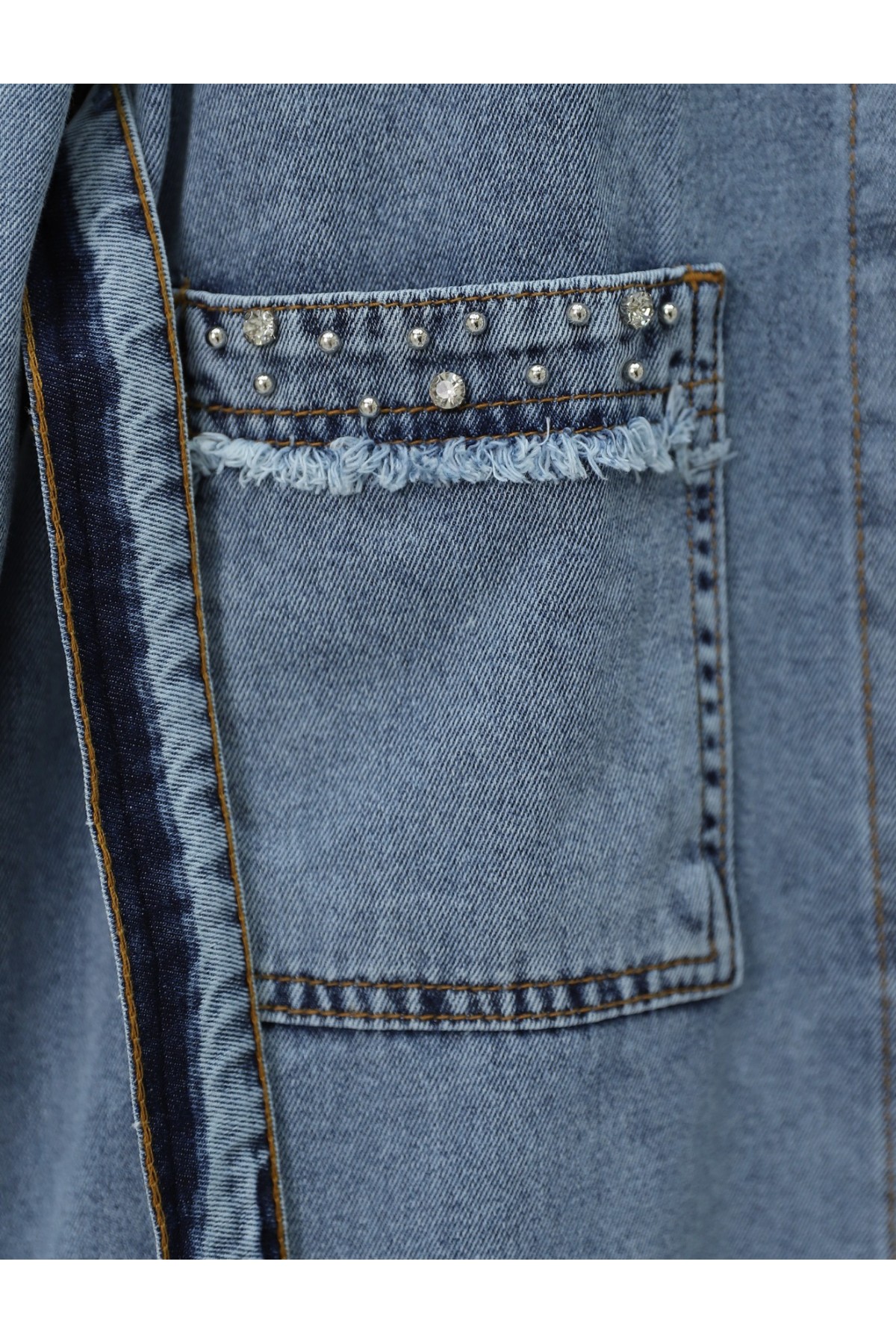 Taş Detaylı Ceket Pantolon Kot Takım -Buz Mavi