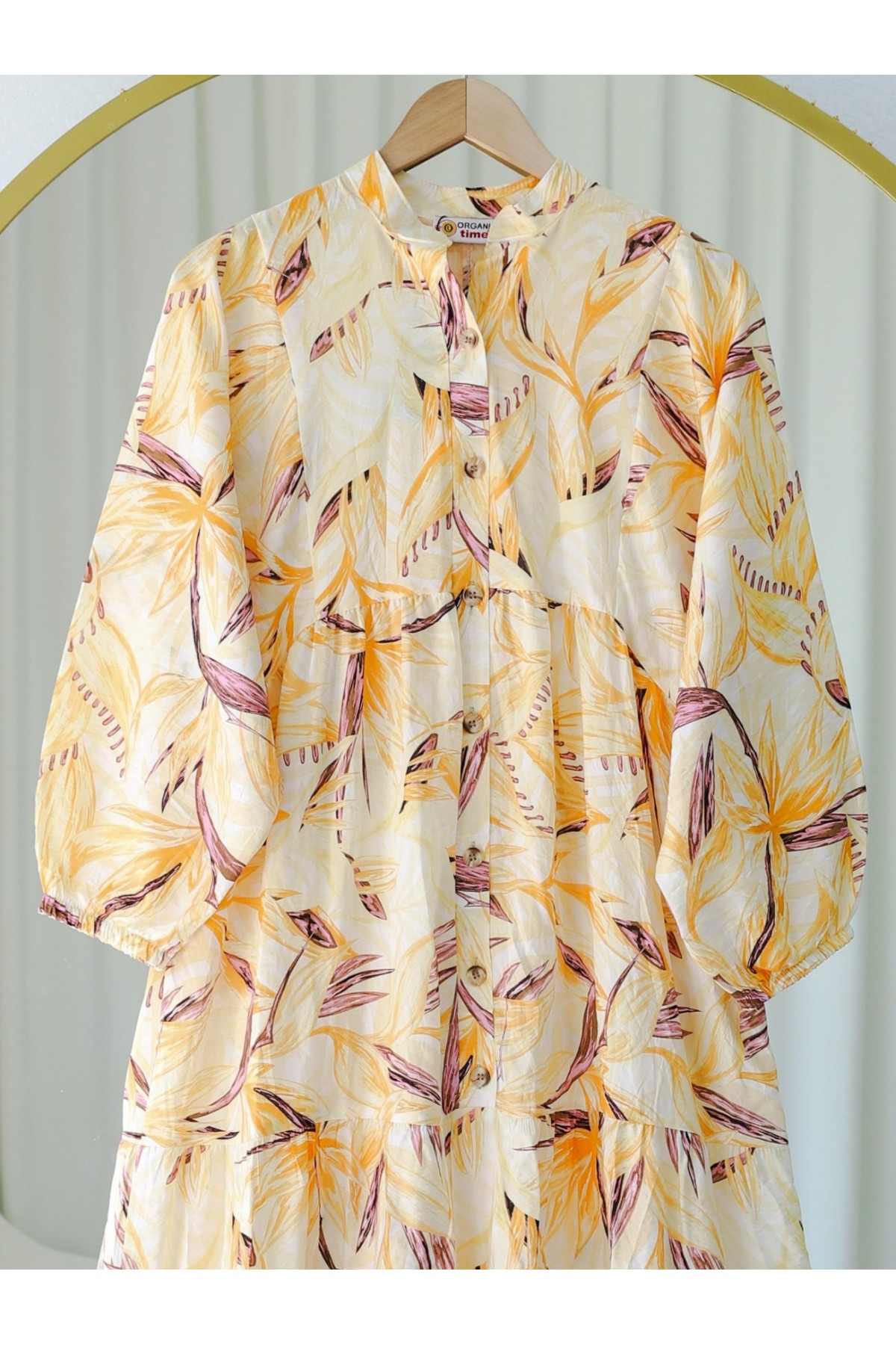 Çiçek Desenli Parçalı Kolu Lastikli Yarım Düğmeli Elbise -Hardal