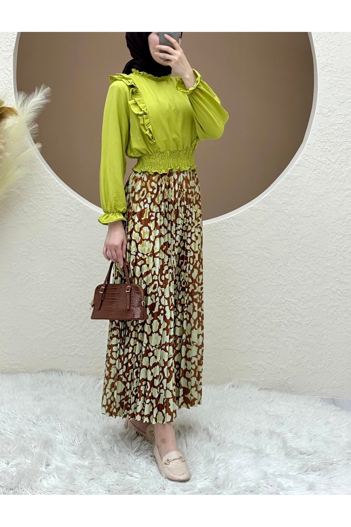 Dijital Baskılı Pliseli Etek -Taba