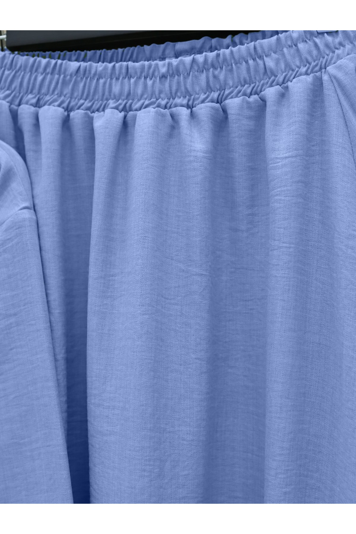 Önü Bağcıklı Beli Lastikli Etekli Keten Takım -Açık Mavi