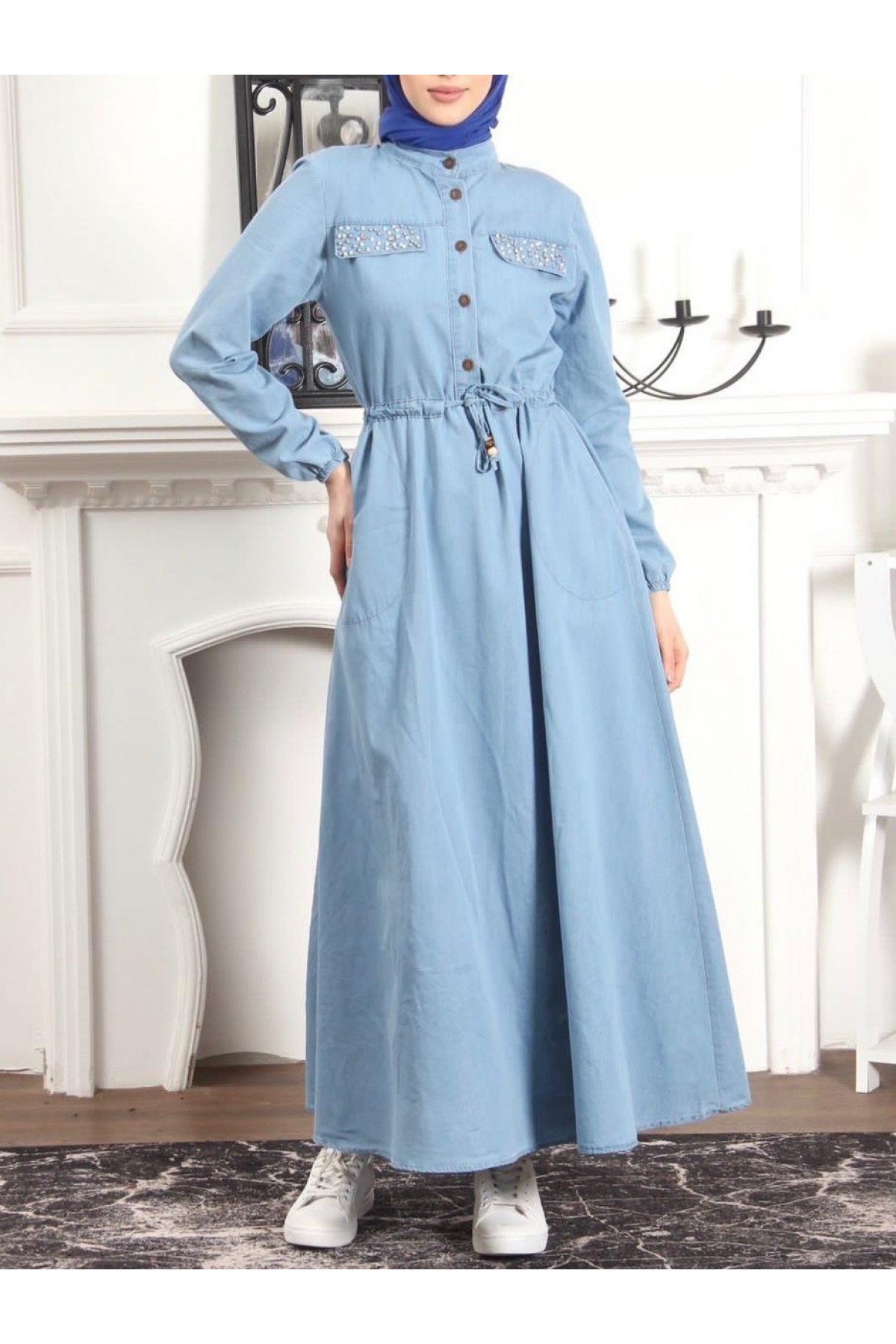 İnci Detaylı Tünel Bağcıklı Uzun  Kot Elbise -Buz Mavi