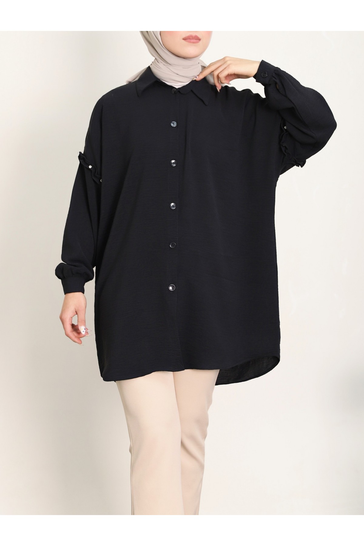 Kolları Taşlı Fırfırlı Salaş Ayrobin Tunik  -Siyah