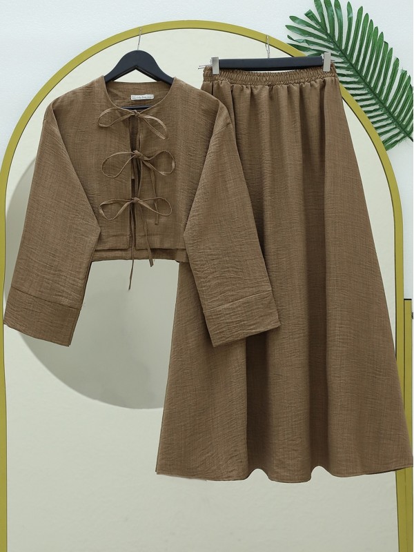 Önü Bağcıklı Beli Lastikli Etekli Keten Takım -Açık Kahve