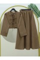 Önü Bağcıklı Beli Lastikli Etekli Keten Takım -Açık Kahve