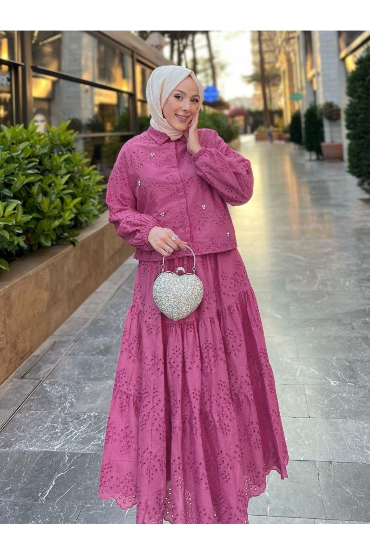 Fisto Detaylı Etekli Takım  -Fuşya