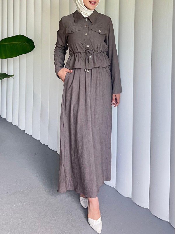 Metal Düğmeli Beli Bağlamalı Gömlek Jile Elbise  -Toprak