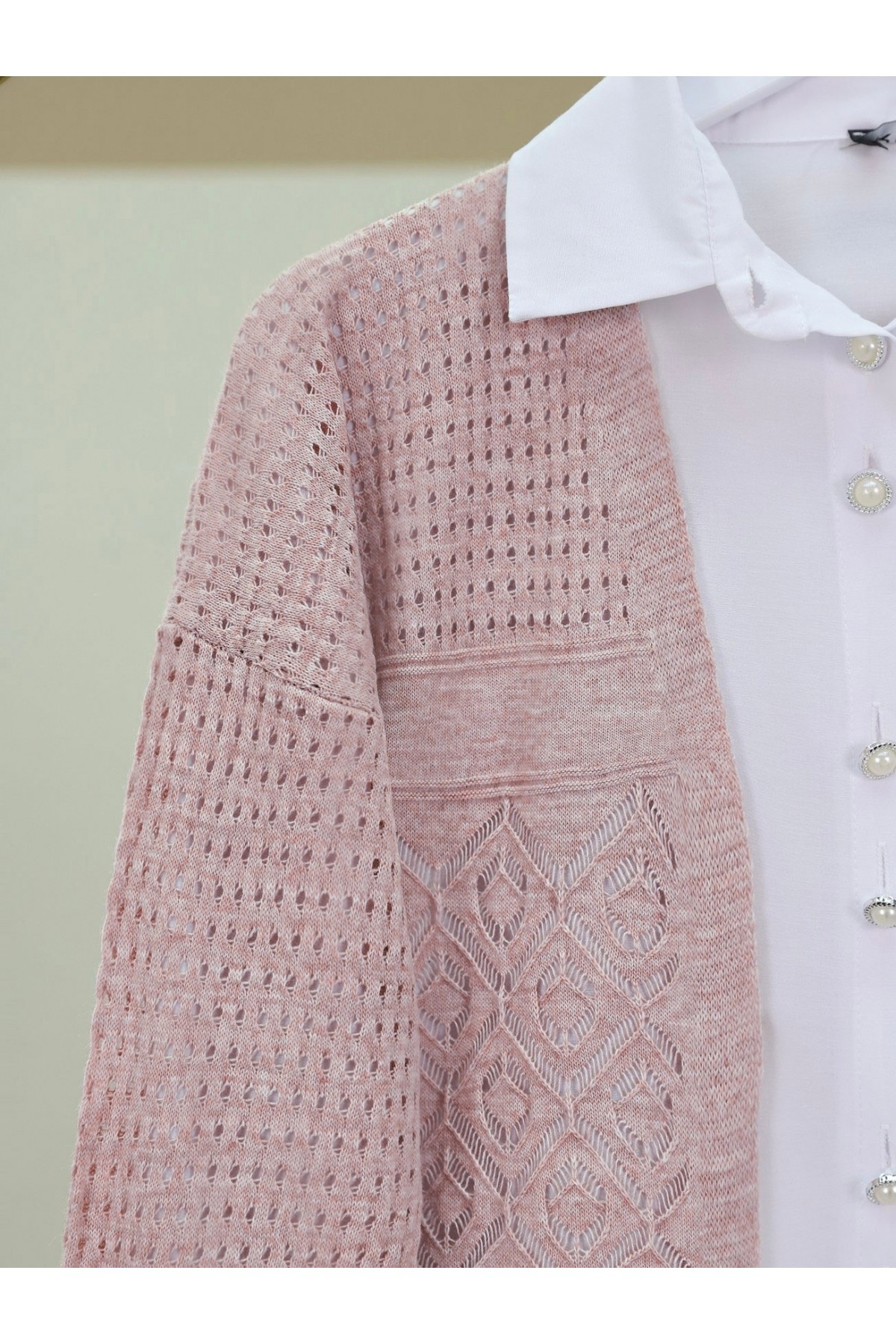 Ajurlu Mevsimlik Triko Hırka   -Pudra