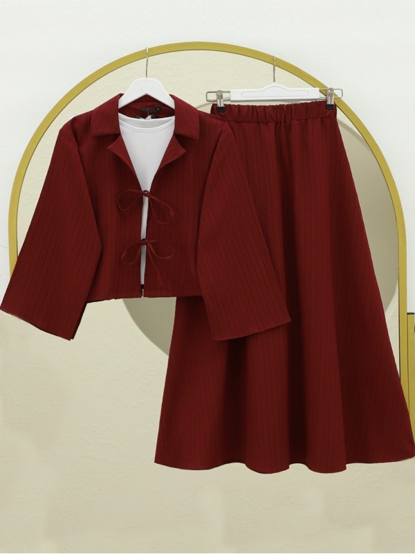 Önü Bağlamalı Etekli Krinkıl Takım  -Bordo