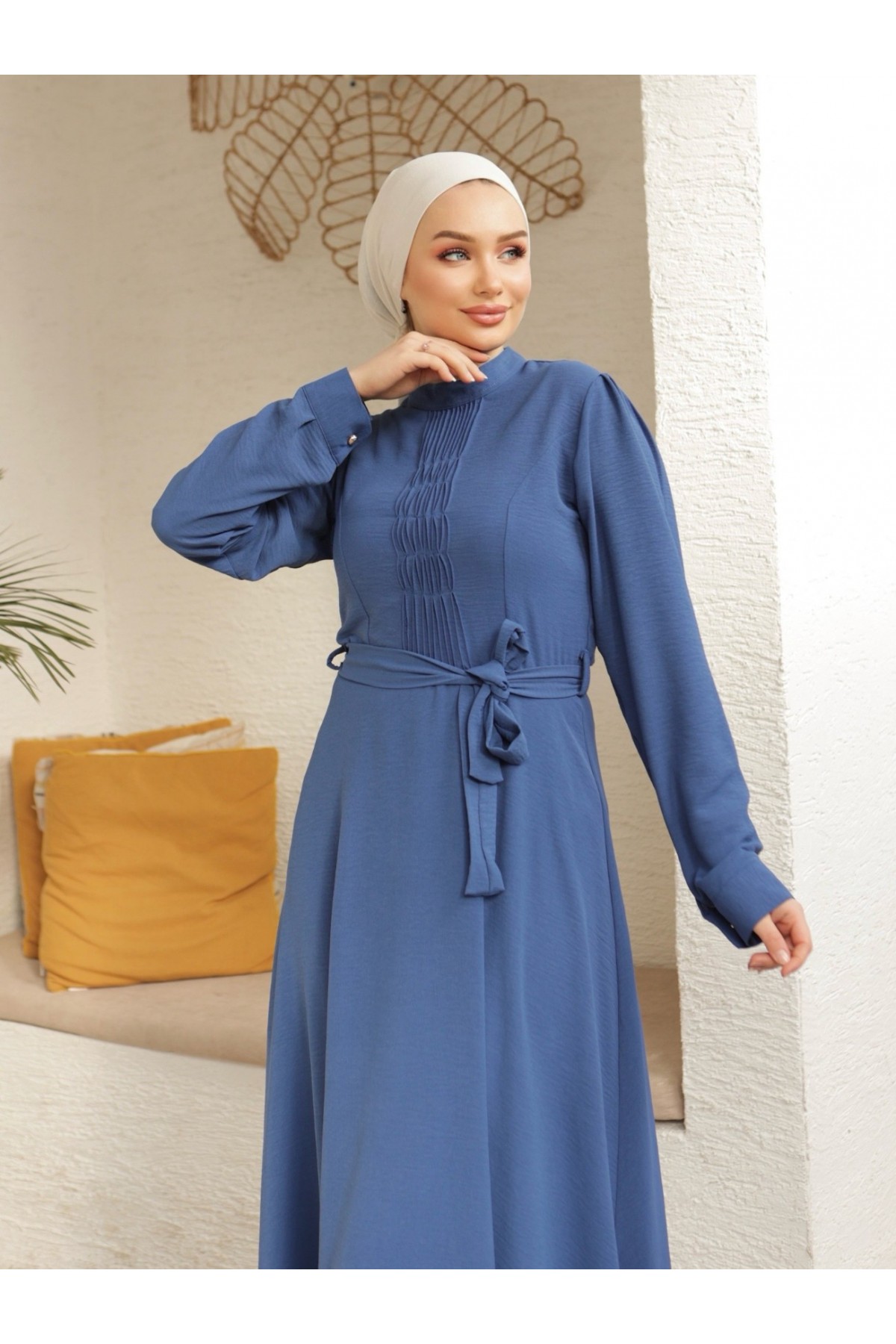 Çıma Detaylı Kemerli Ayrobin Elbise  -İndigo