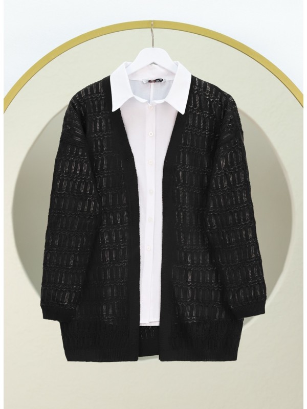 Ajurlu  Desenli Baharlık Hırka  -Siyah