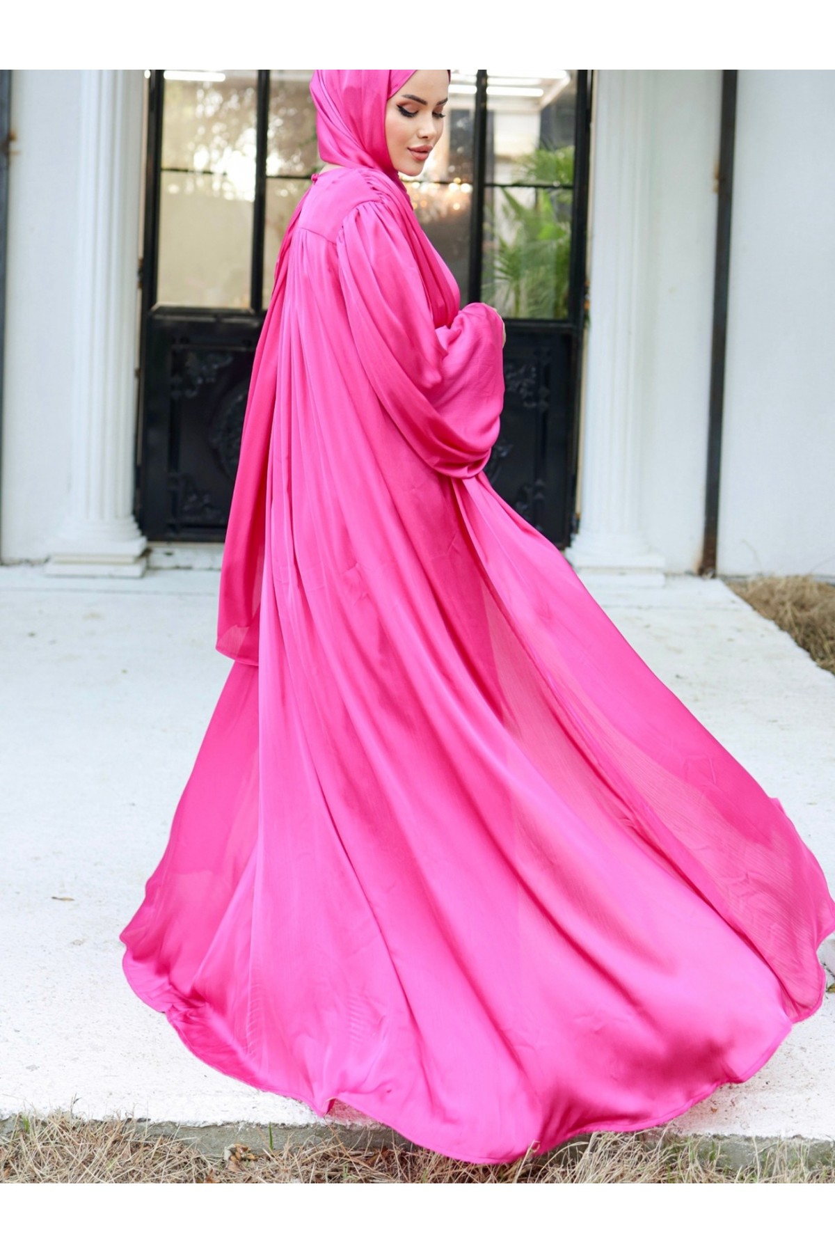 Krinkıl İpek Saten 3'lü Abaya Takım -Fuşya